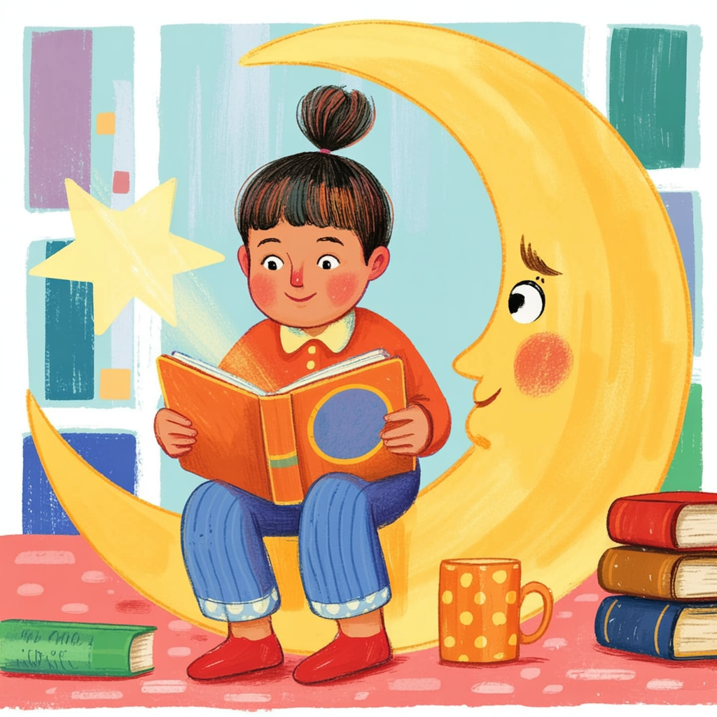 Children's book illustration of a child on the moon reading
