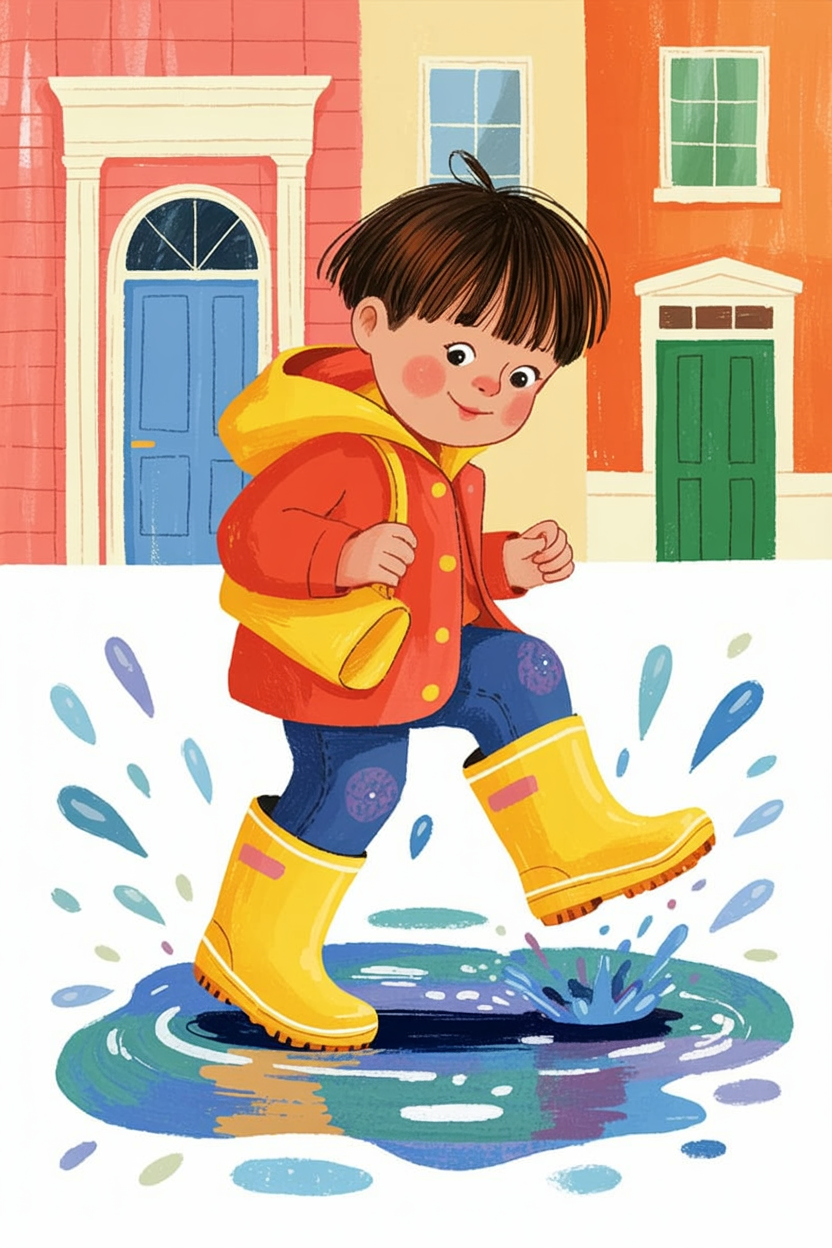 Children's book illustration of a child jumping in puddles