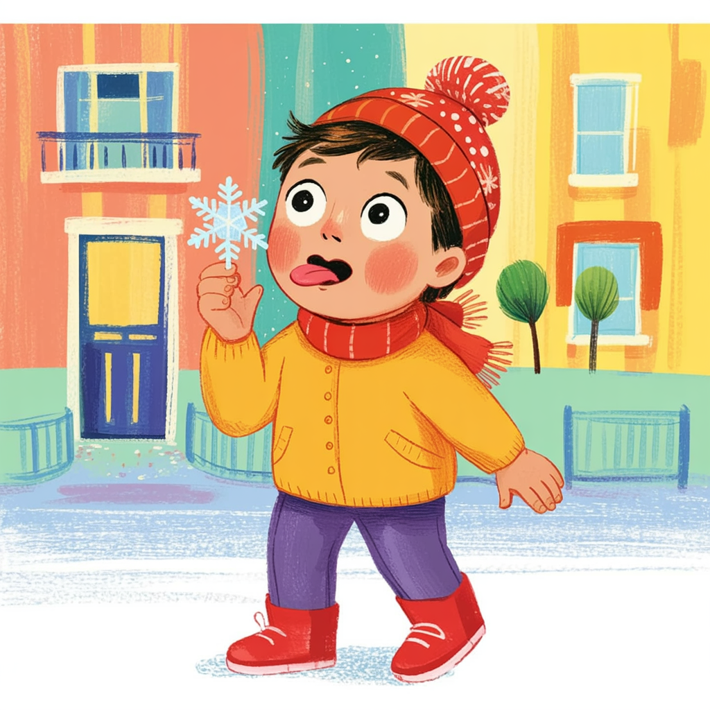 Children's book illustration of a child tasting snow
