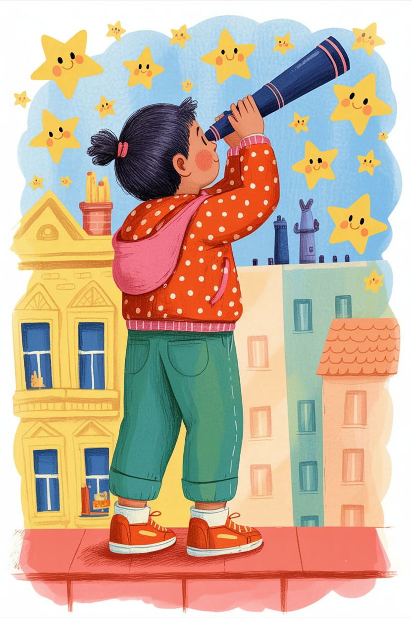 Children's book illustration of a child stargazing