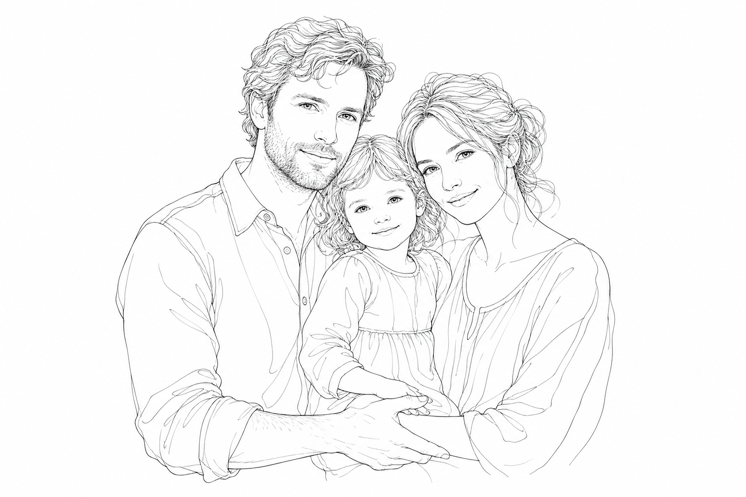 Line art illustration of a family group