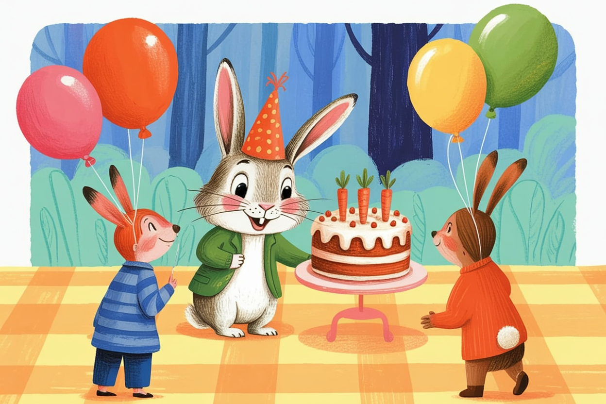 Children's book illustration of a rabbit birthday party