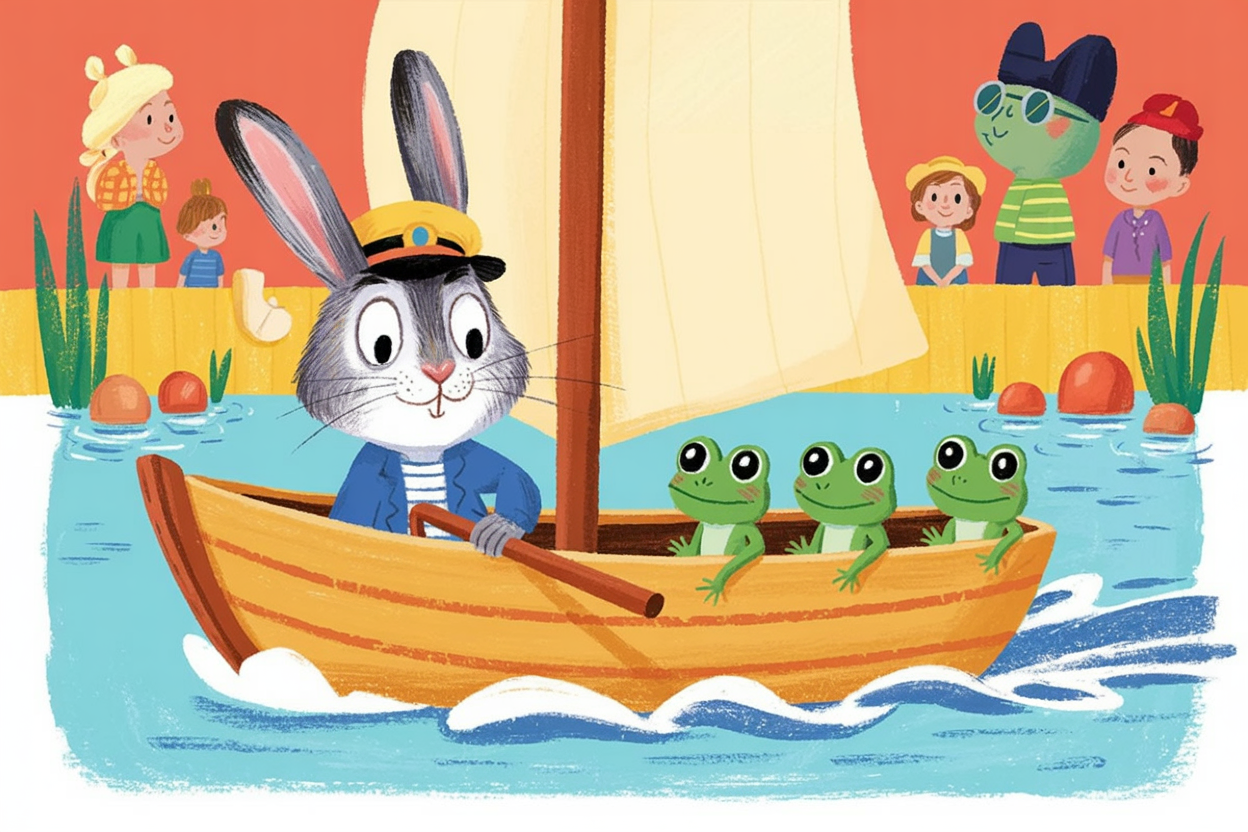 Children's book illustration of a rabbit sailing a boat