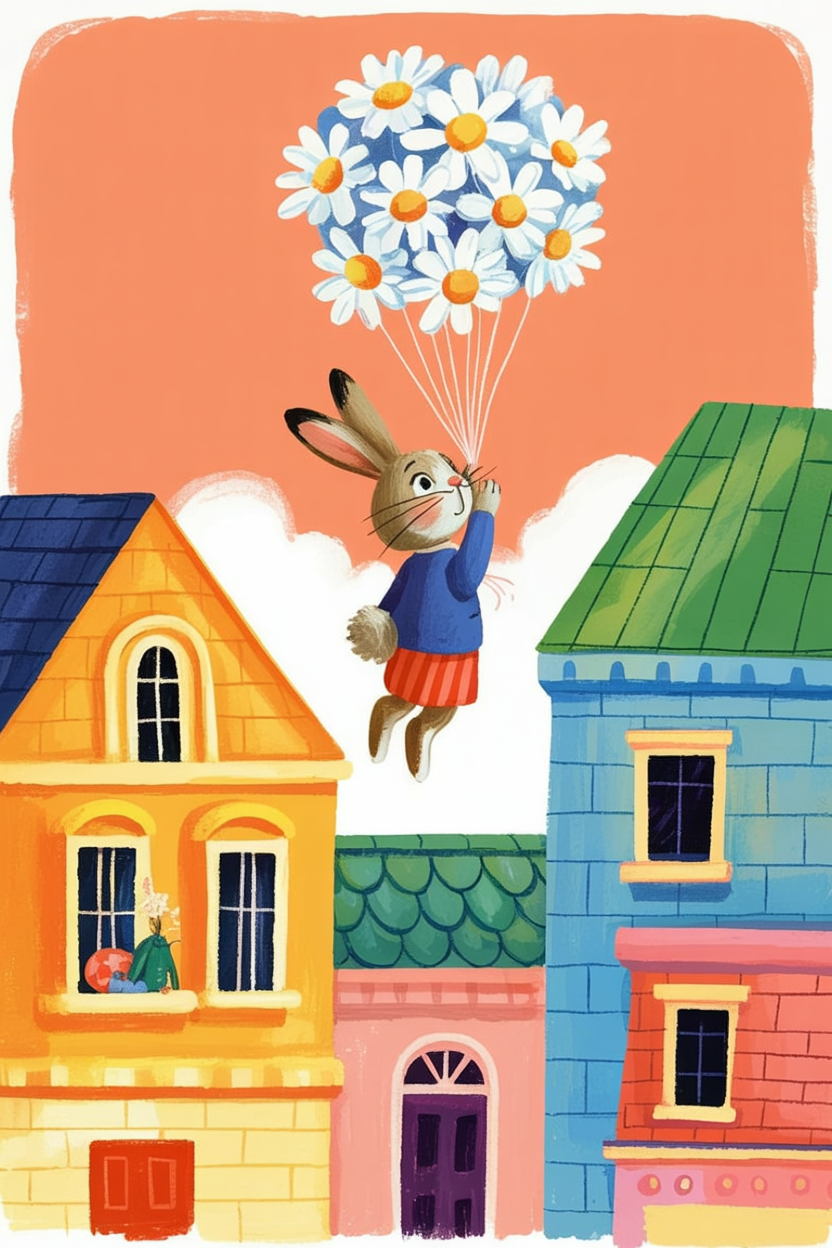 Children's book illustration of a rabbit floating on balloons