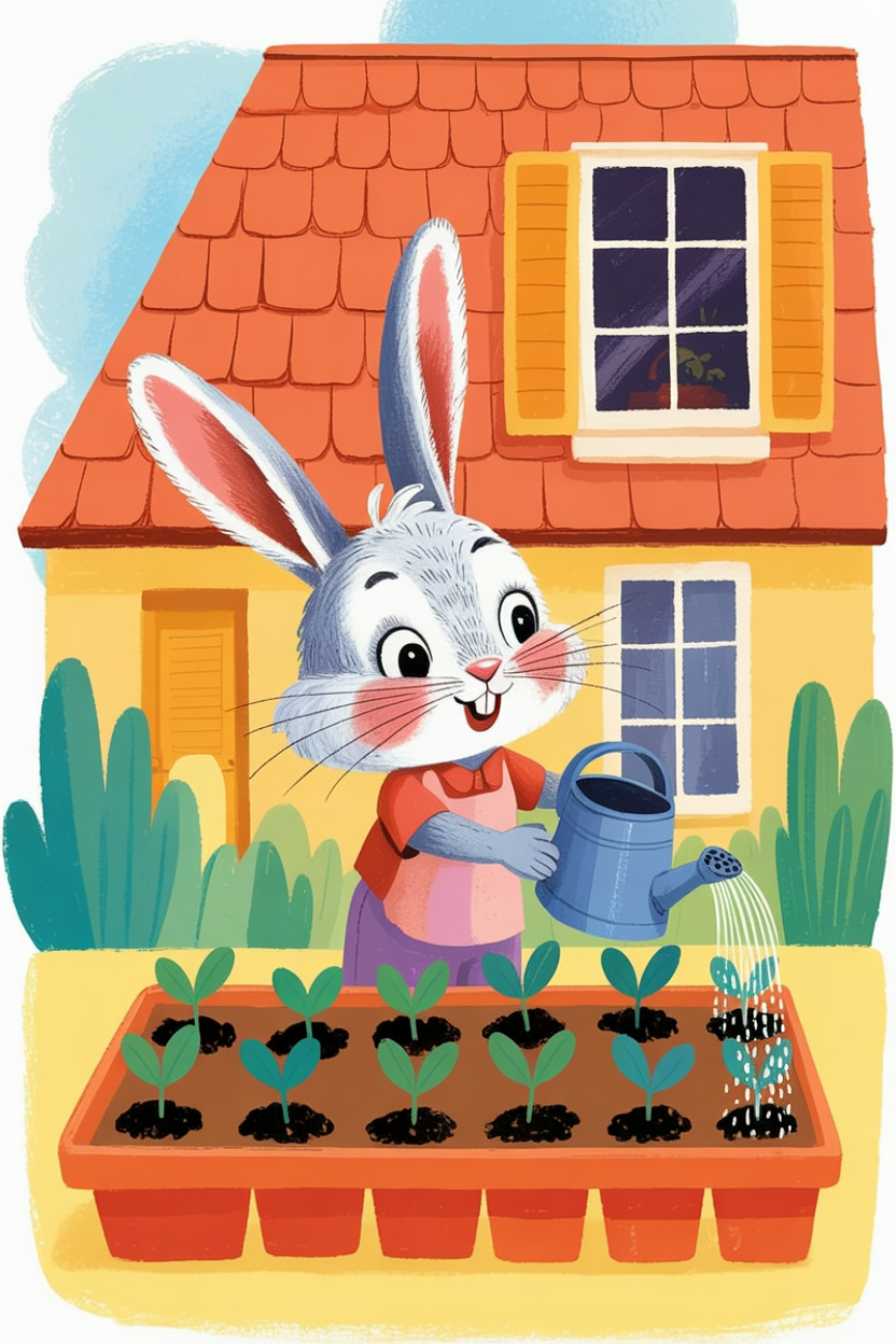 Children's book illustration of a bunny gardening