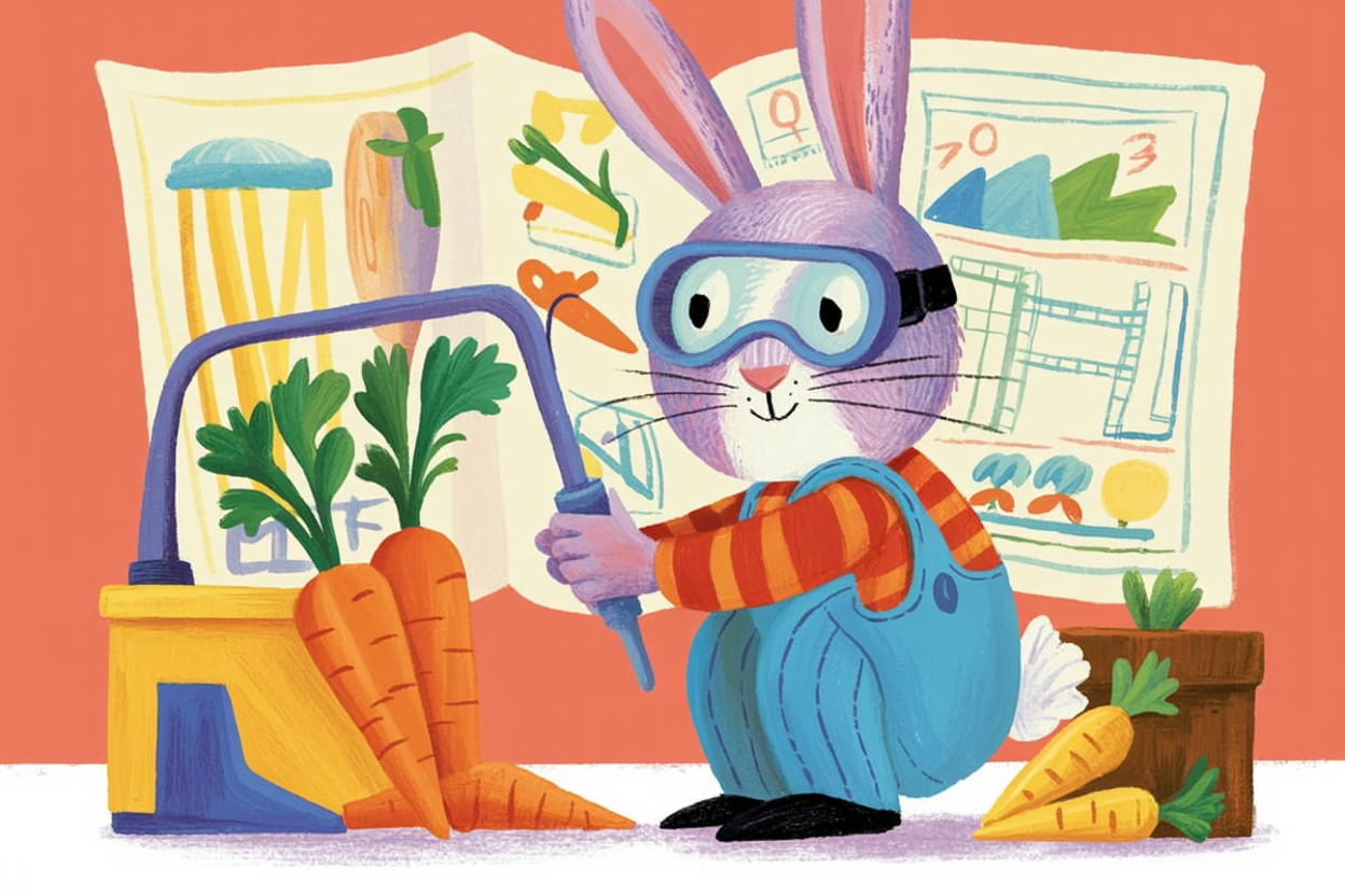 Children's book illustration of a rabbit inventor