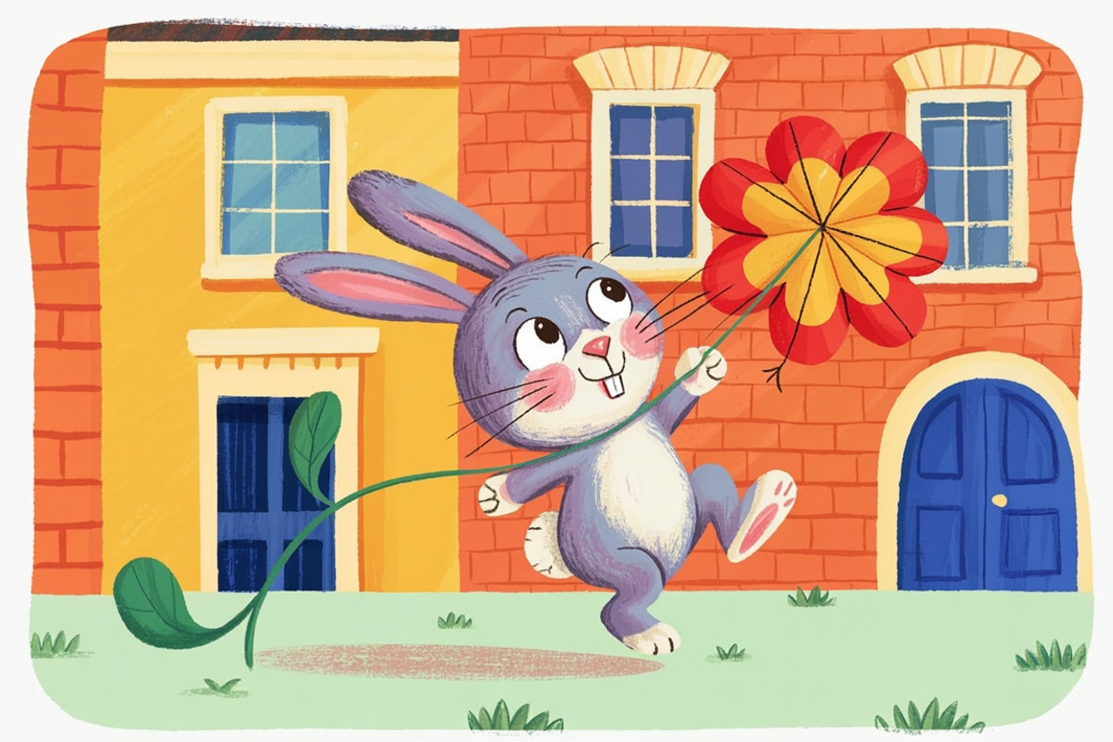 Children's book illustration of a bunny flying a kite