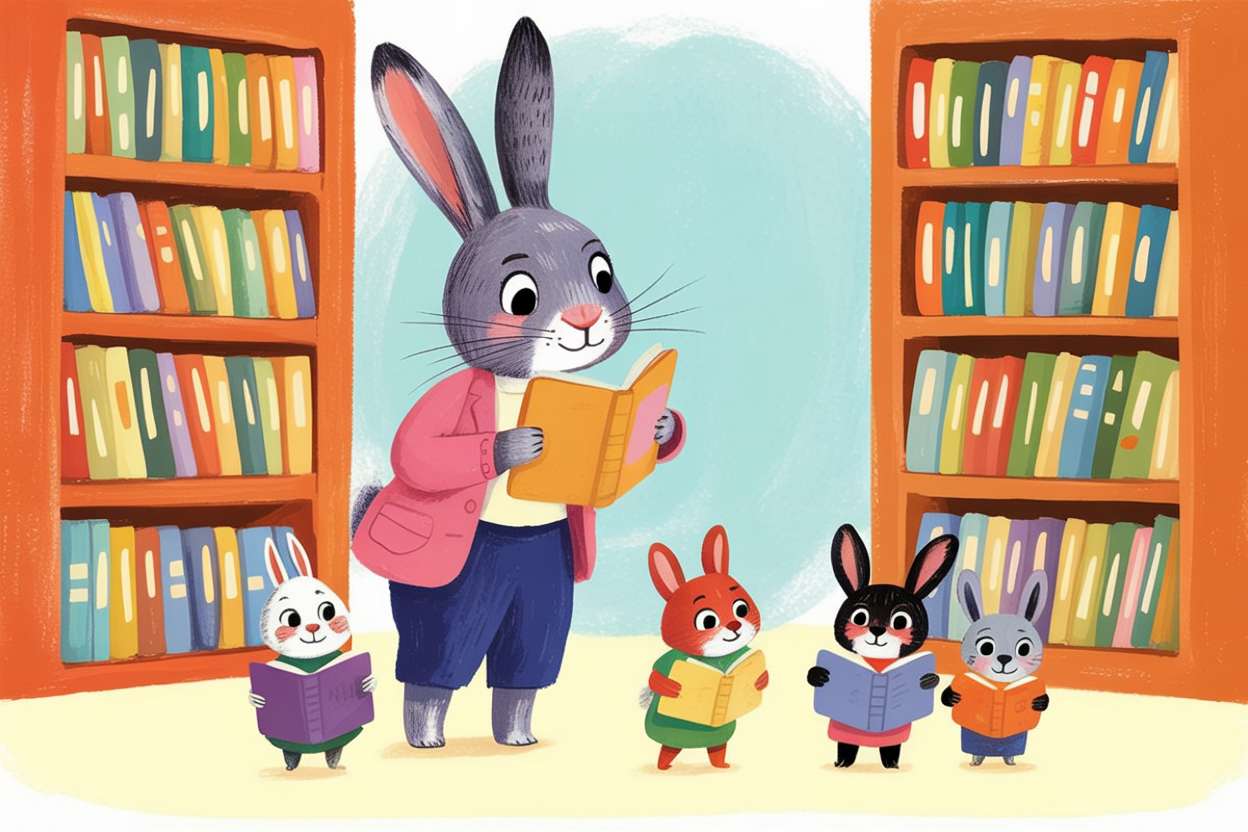 Children's book illustration of a rabbit librarian