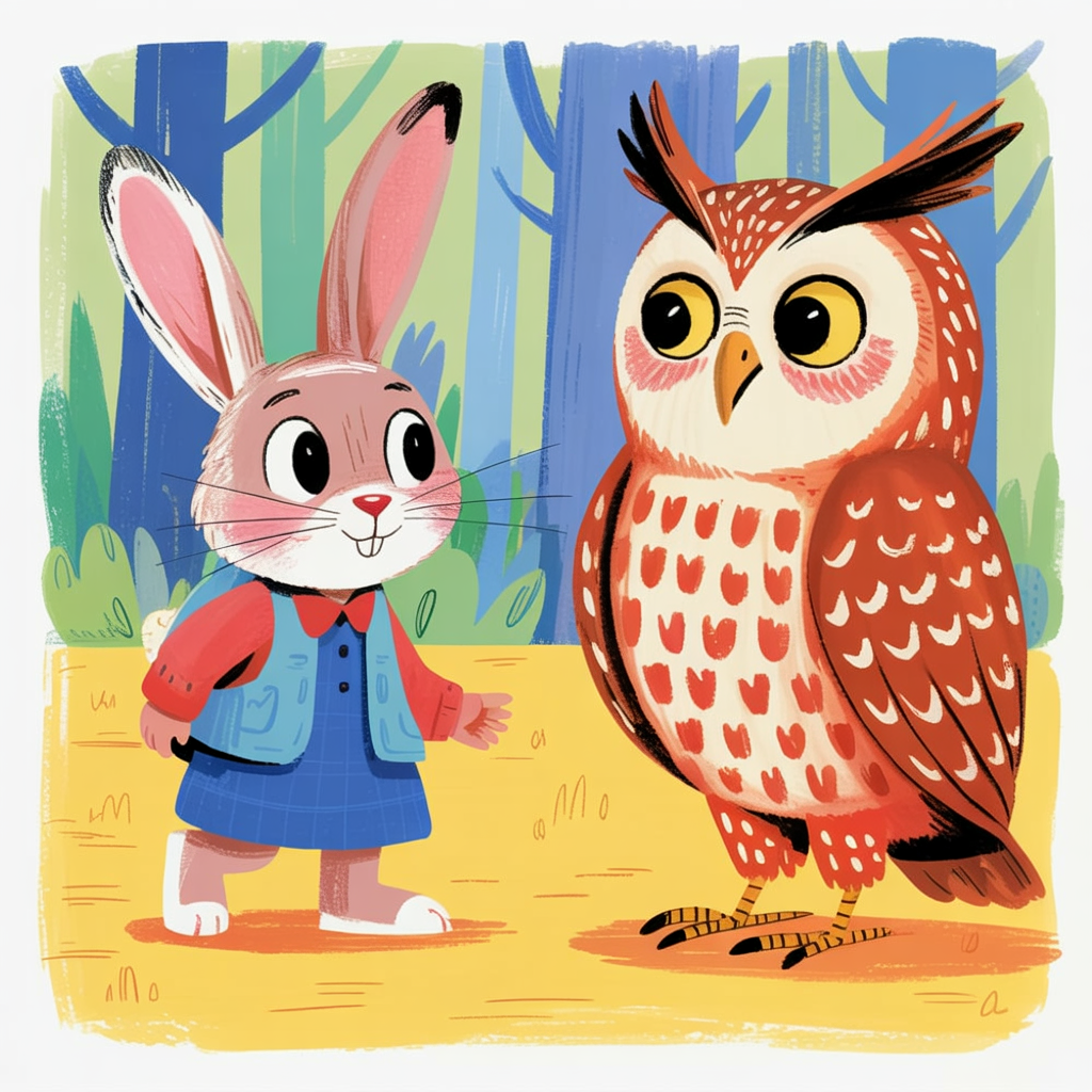 Children's book illustration of a lost bunny asking for directions