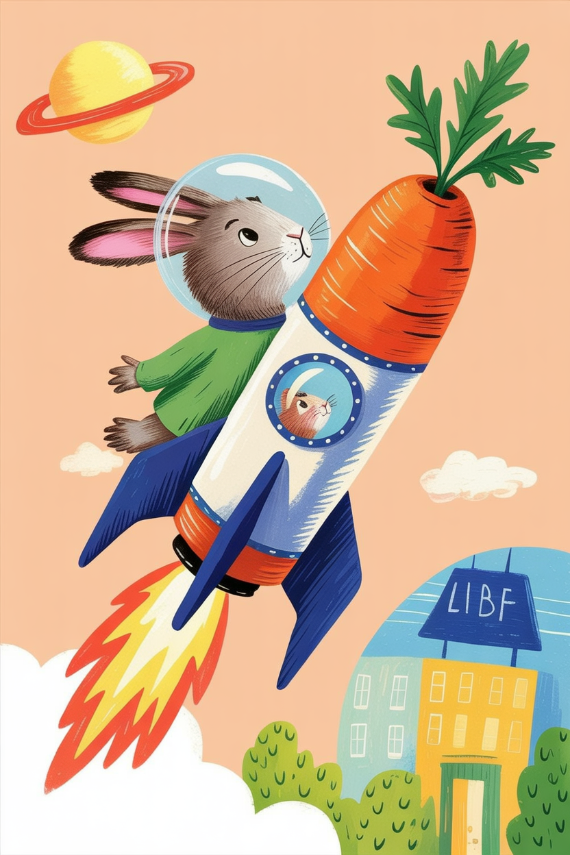 Children's book illustration of a rabbit going to the moon