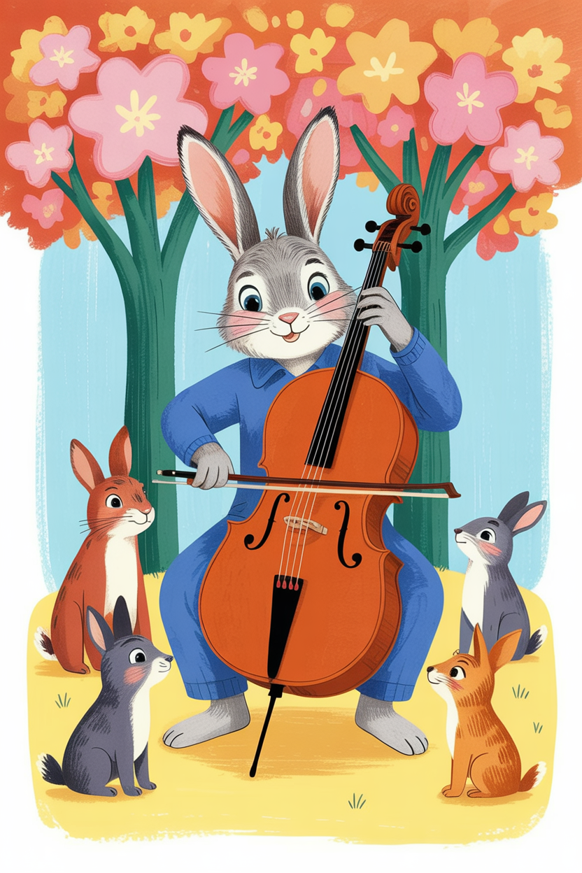 Children's book illustration of a rabbit playing cello