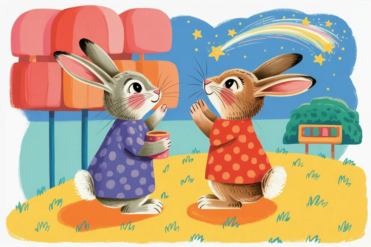 Children's book illustration of rabbits watching shooting stars