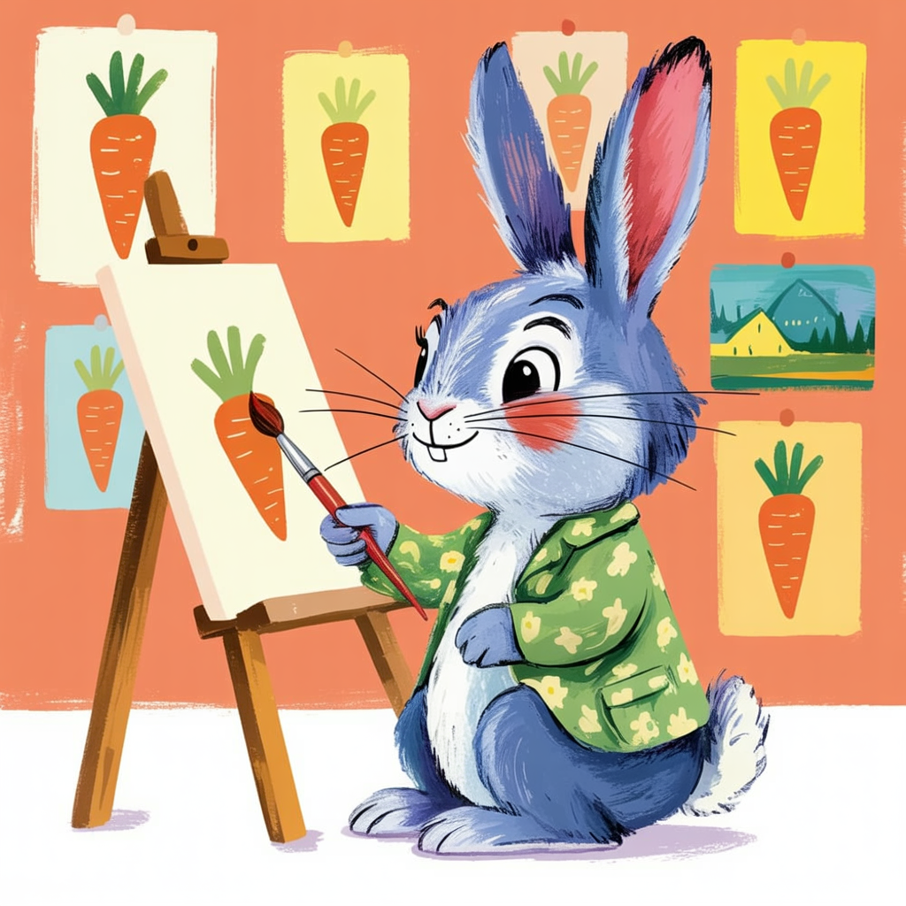 Children's book illustration of a bunny artist