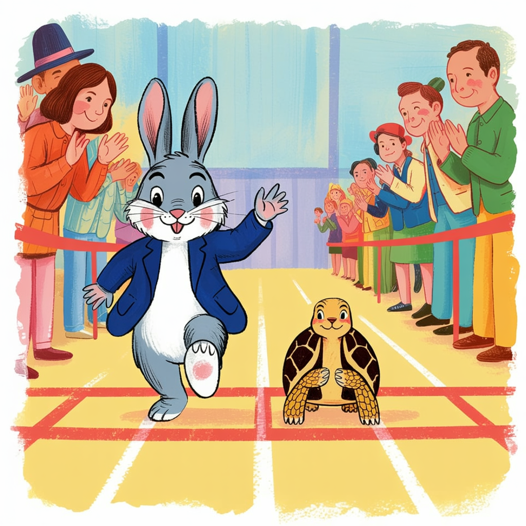 Children's book illustration of the rabbit and tortoise race