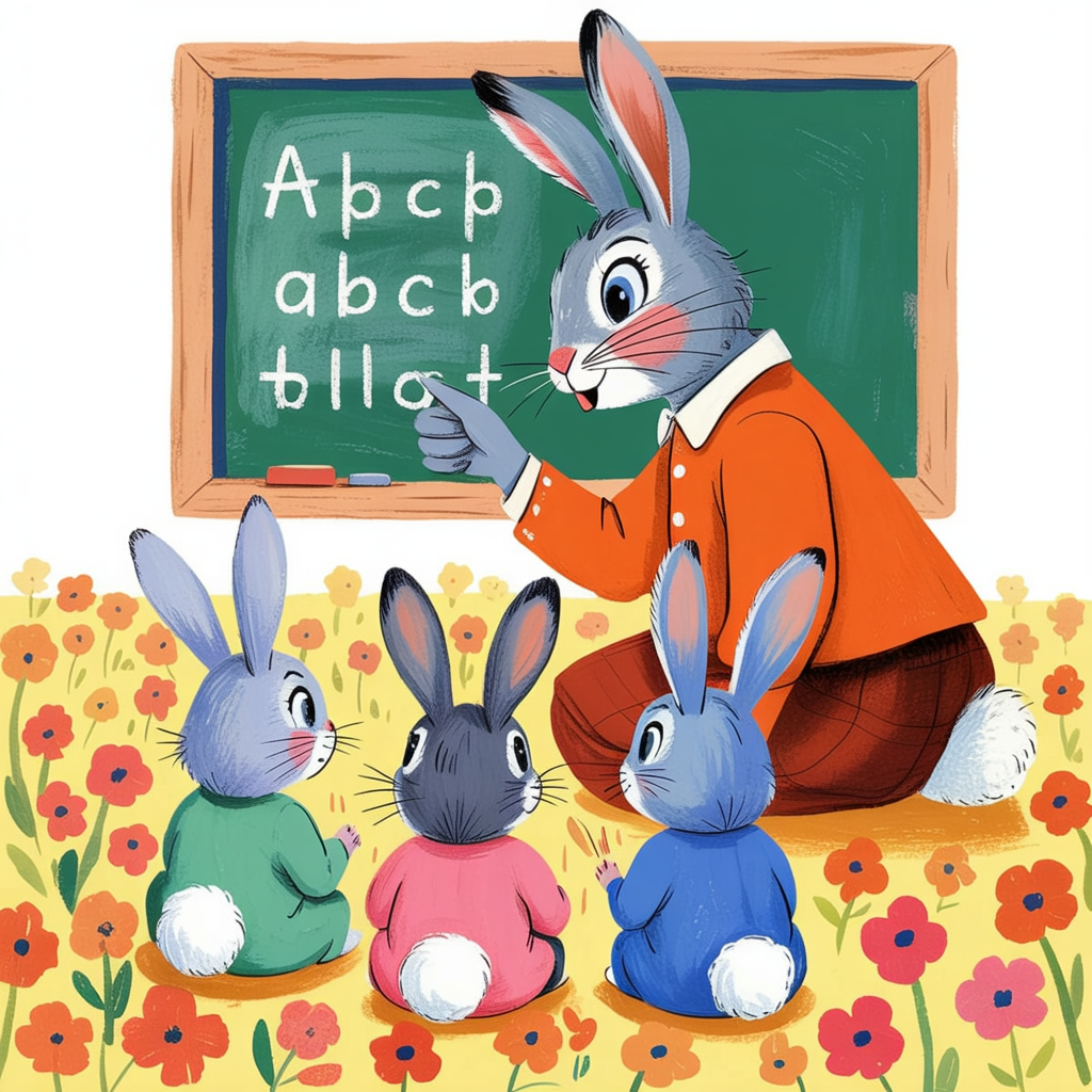 Children's book illustration of a rabbit teaching school