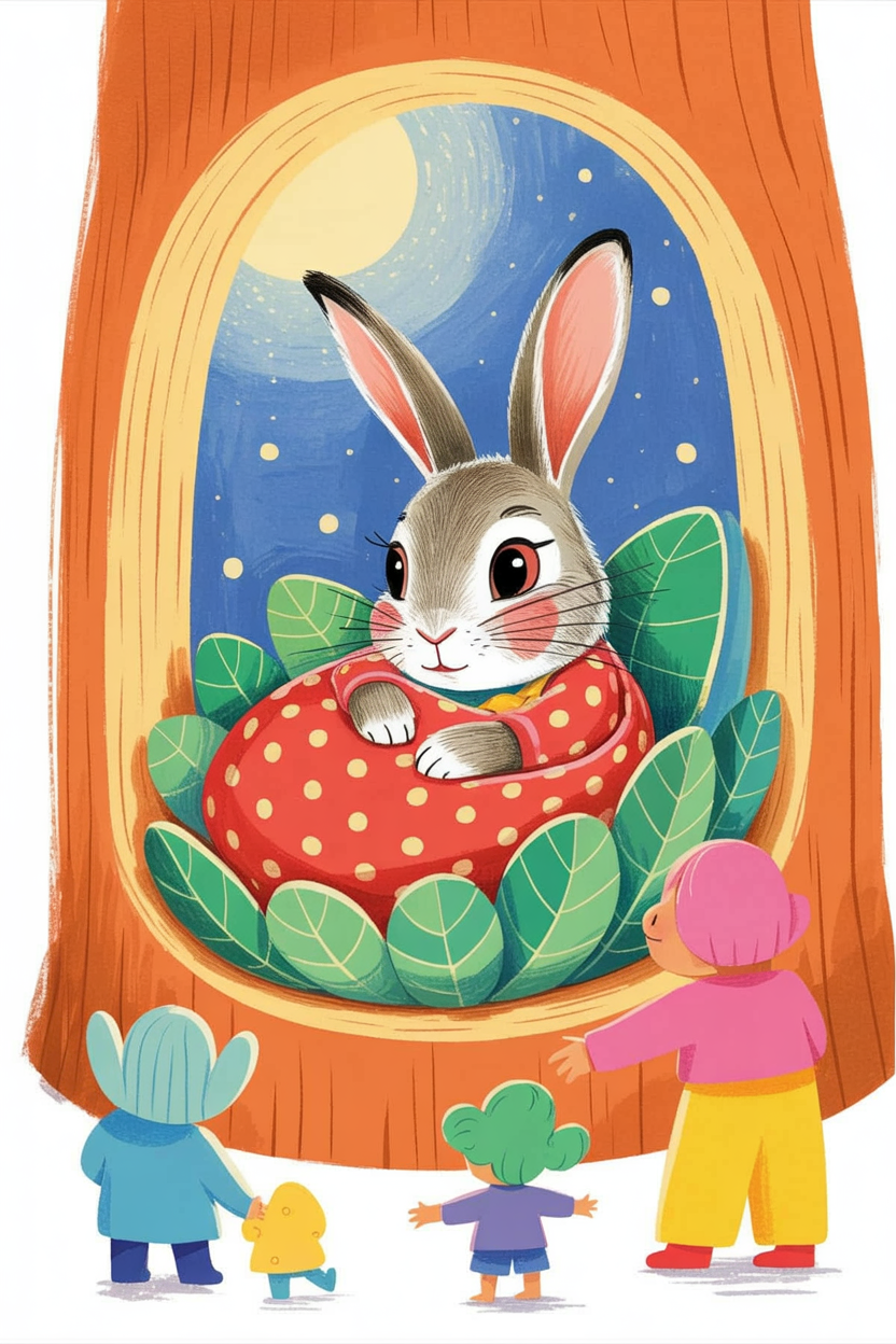Children's book illustration of a rabbit sleeping in a log