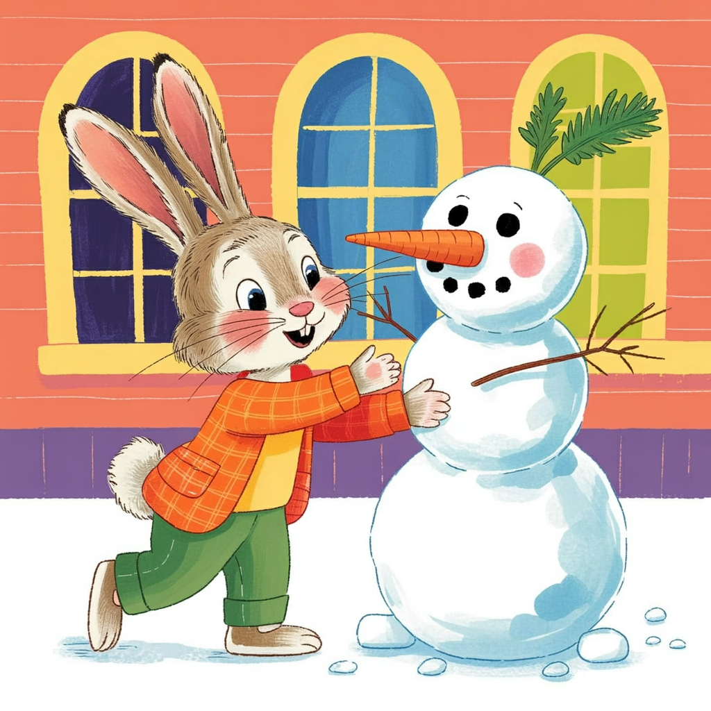 Children's book illustration of a rabbit building a snowman