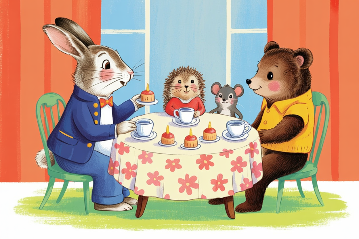Children's book illustration of a rabbit tea party