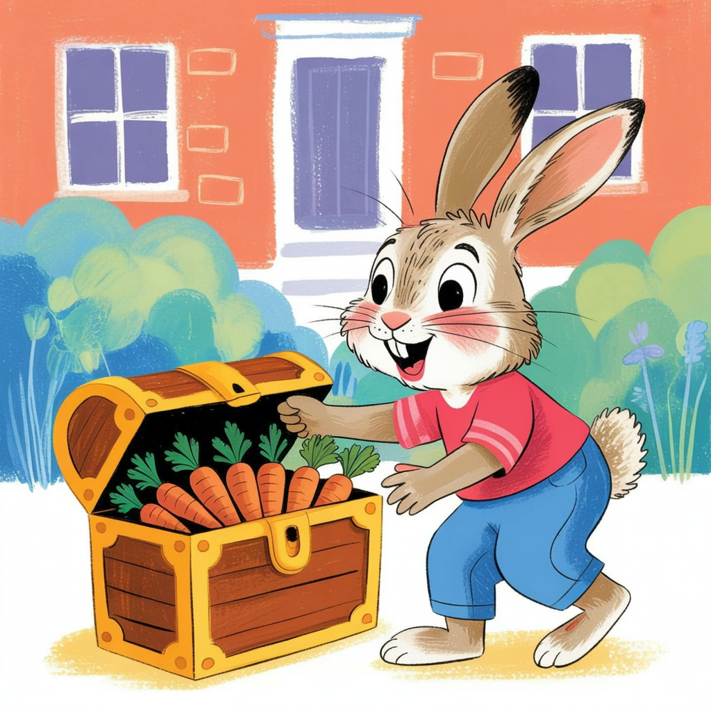 Children's book illustration of a rabbit finding treasure