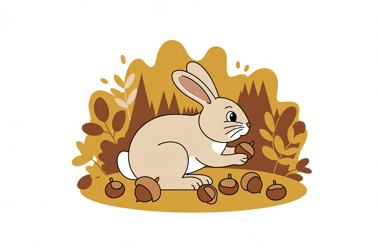 Flat vector illustration of a rabbit collecting autumn nuts