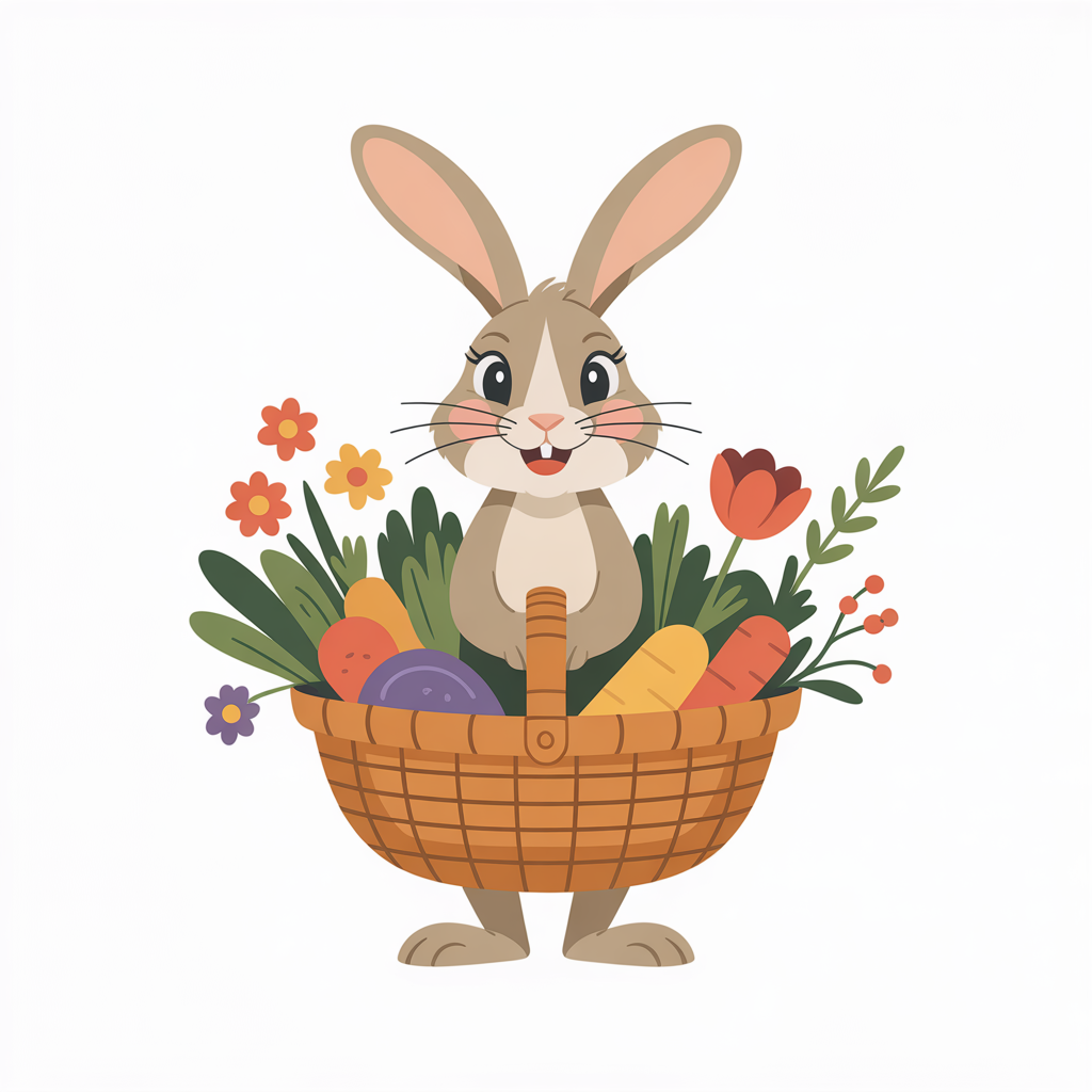 Flat vector illustration of a rabbit with a basket