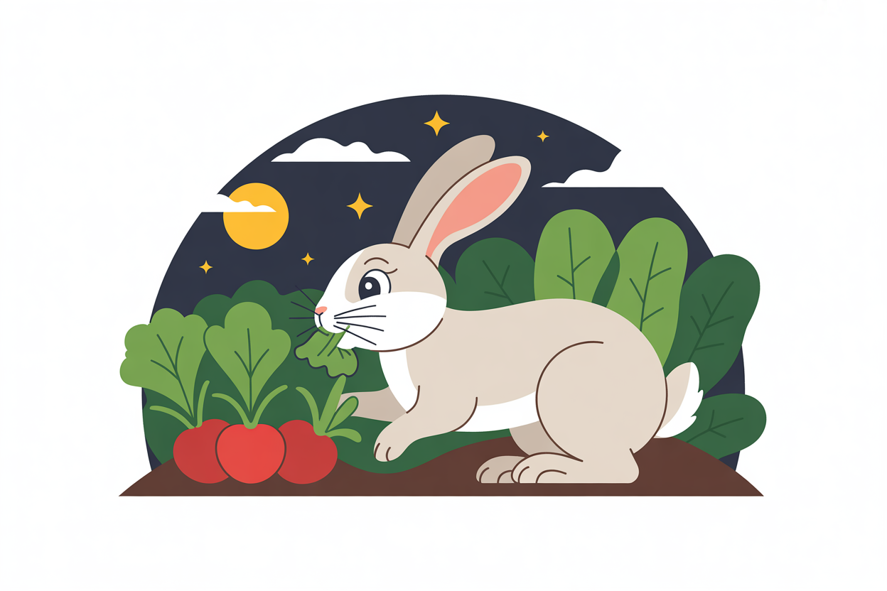 Flat vector illustration of a rabbit in a garden