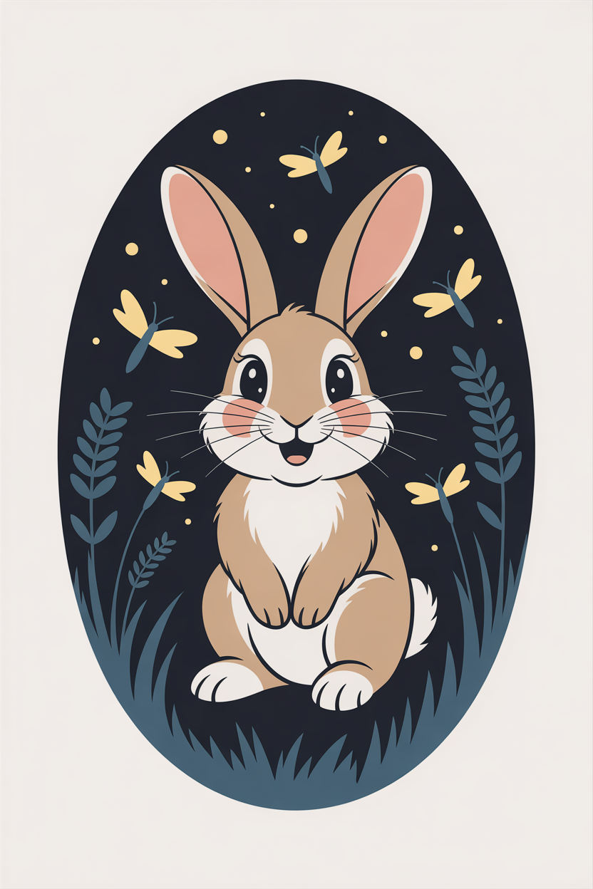Flat vector illustration of a rabbit watching fireflies
