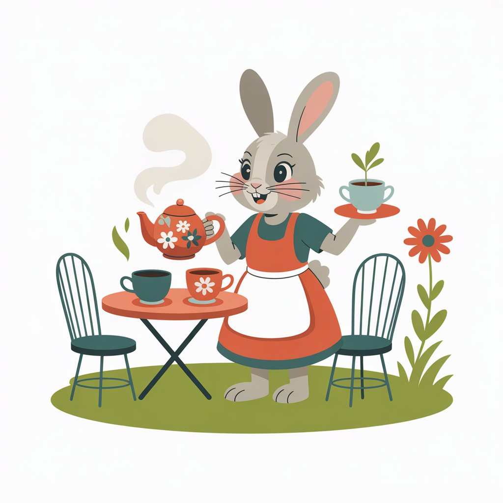 Flat vector illustration of a rabbit serving tea