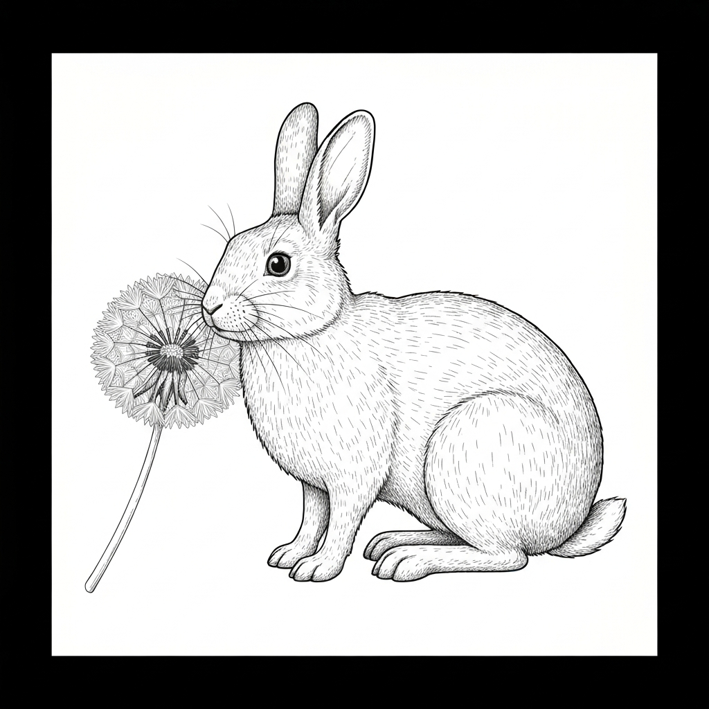 Line art illustration of a rabbit eating