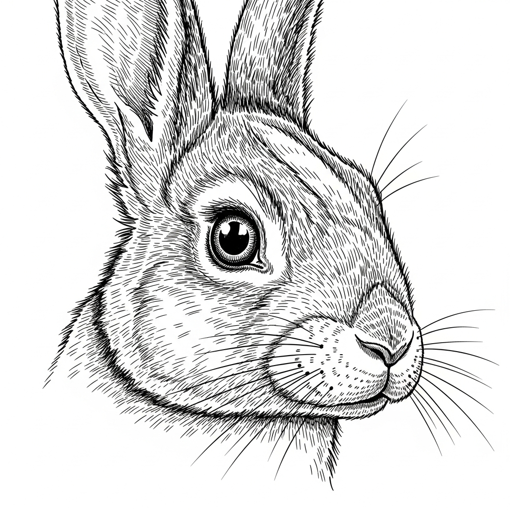 Line art illustration of a rabbit face