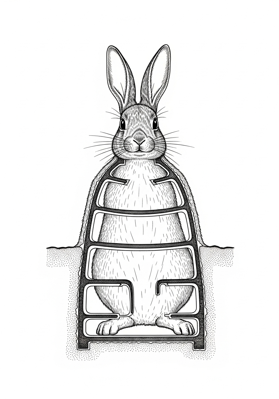 Line art illustration of a rabbit burrow cross-section