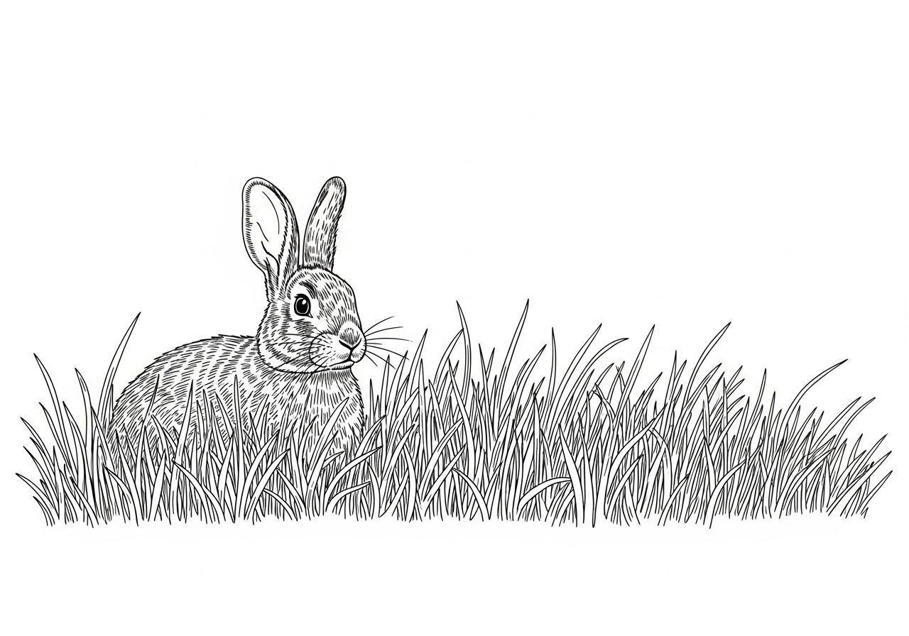 Line art illustration of a rabbit in tall grass