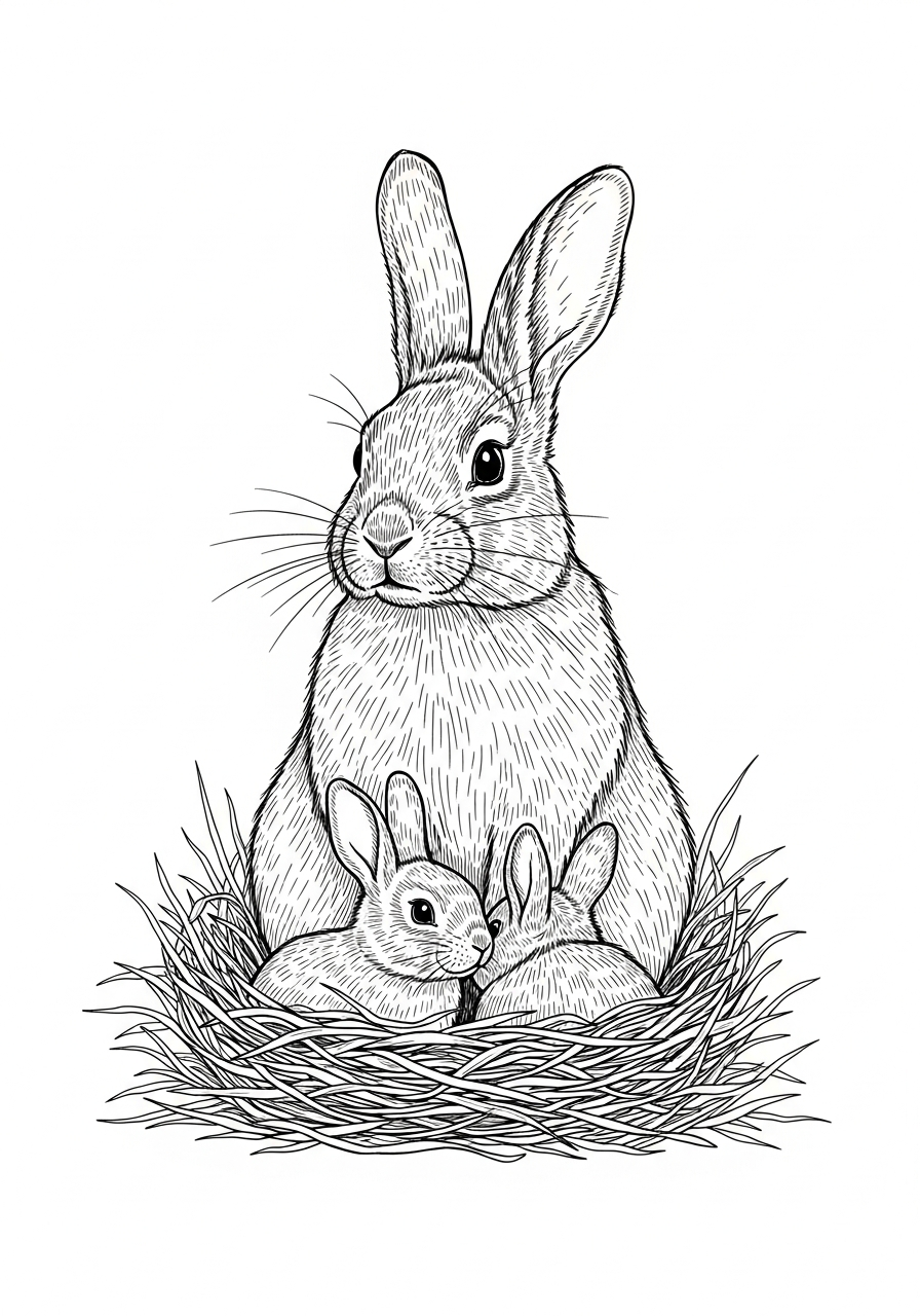 Line art illustration of a rabbit nest