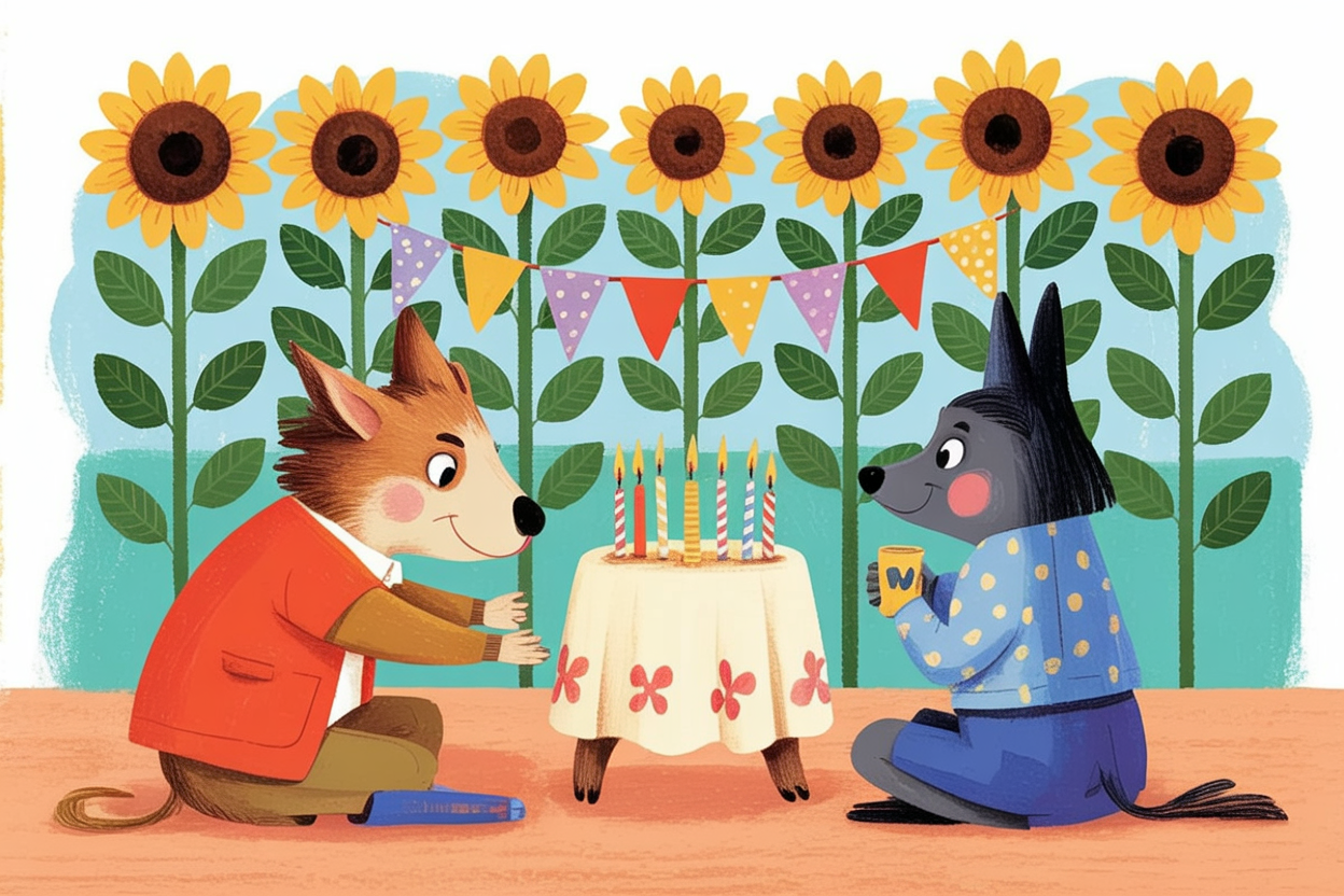 Children's book illustration of a sunflower birthday party
