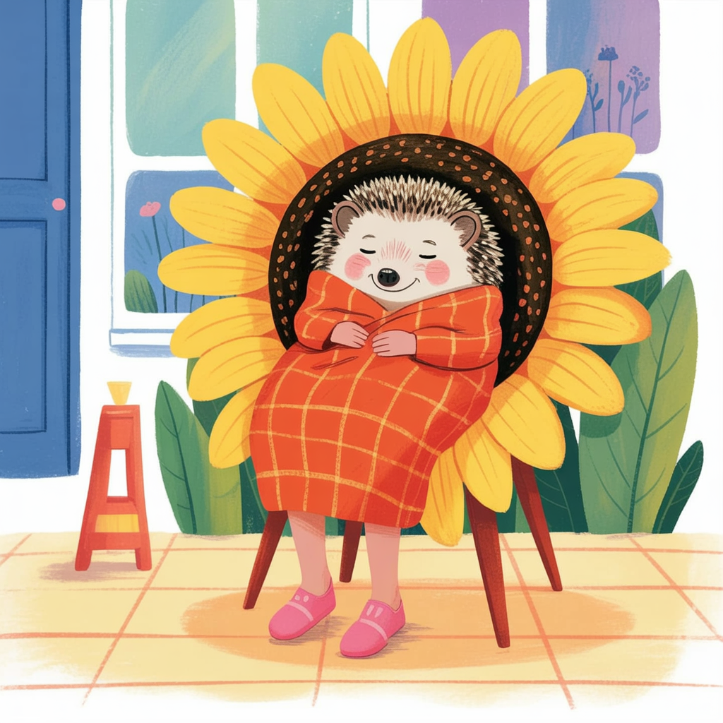 Children's book illustration of a hedgehog napping in a sunflower