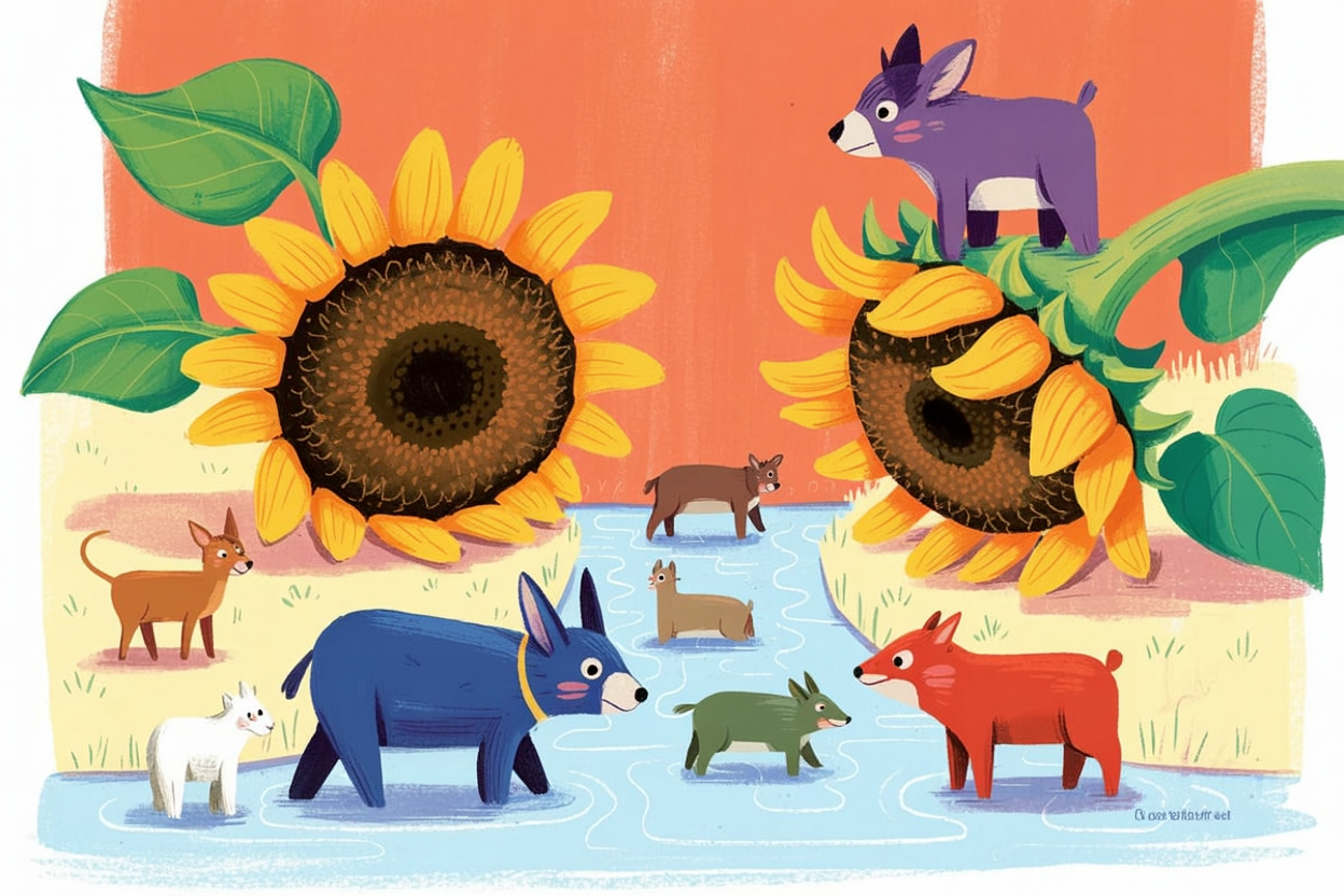 Children's book illustration of animals crossing a sunflower bridge