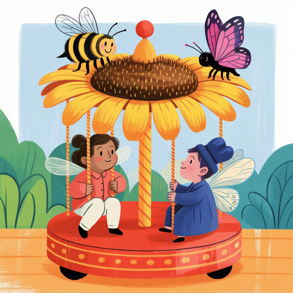 Children's book illustration of a sunflower carousel