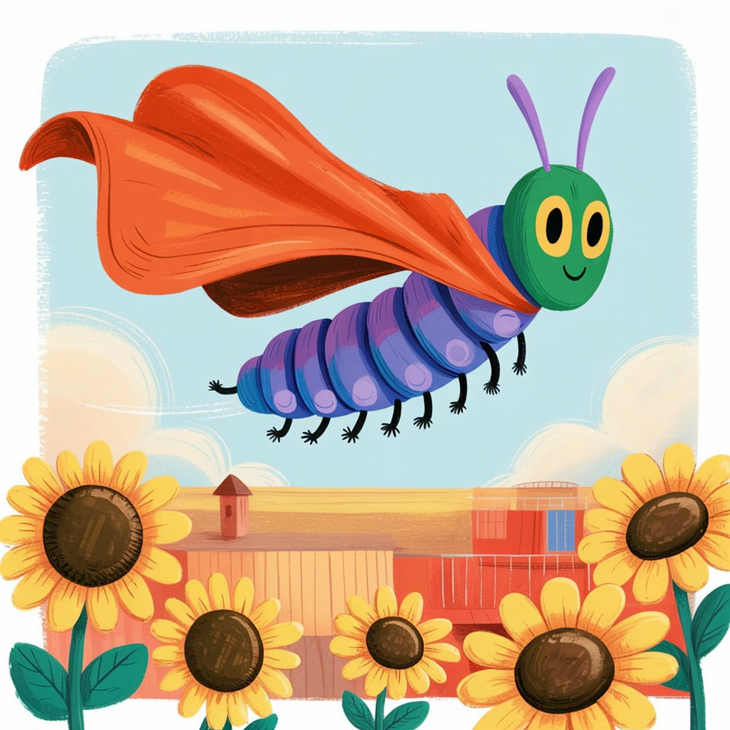 Children's book illustration of a caterpillar sunflower superhero