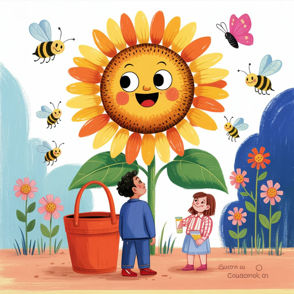 Children's book illustration of a happy sunflower character