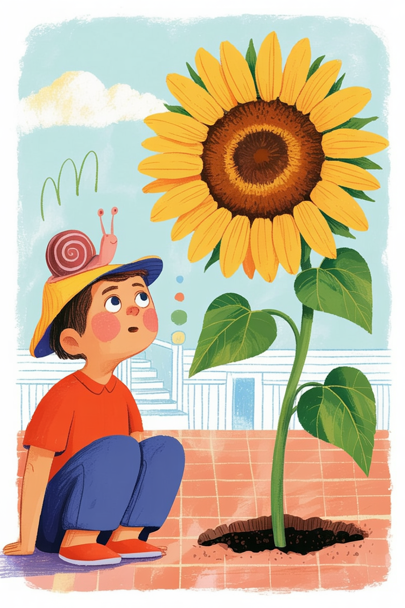 Children's book illustration of a snail watching a sunflower grow