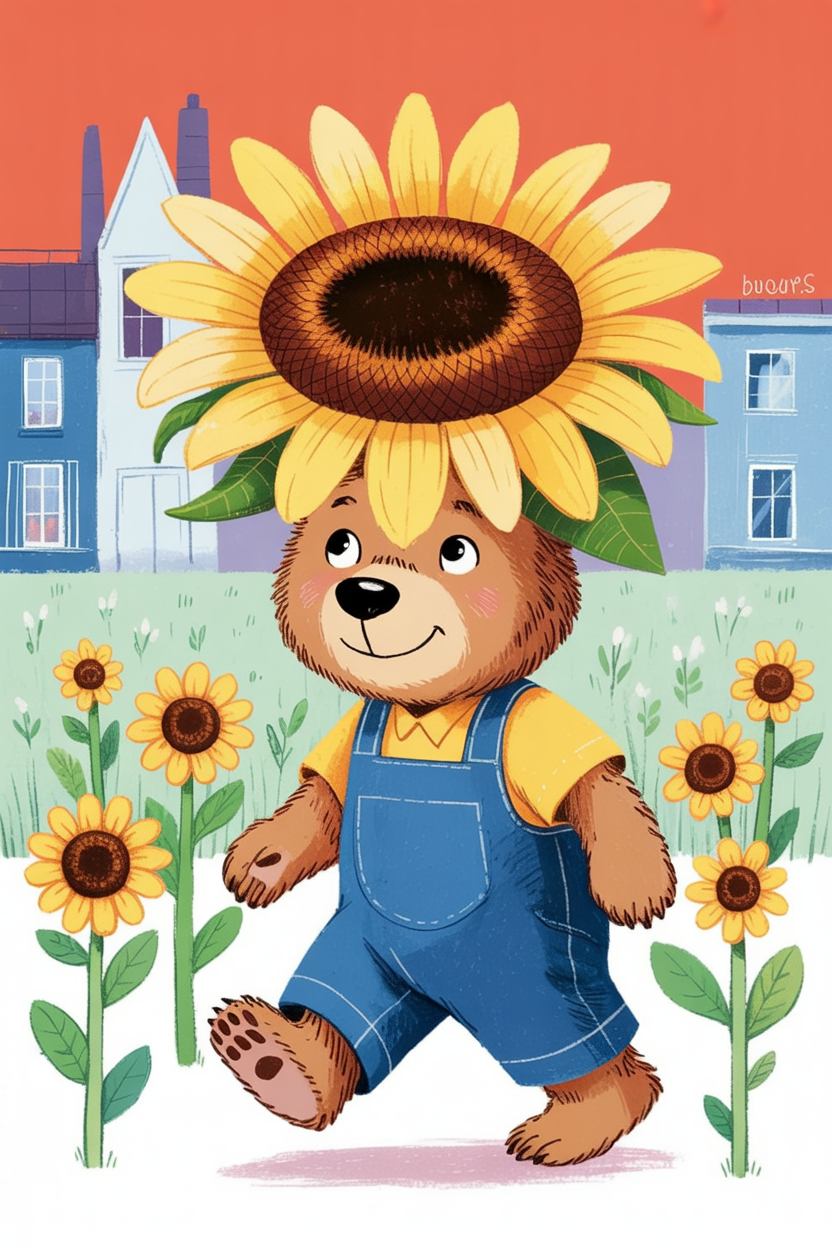 Children's book illustration of a bear with a sunflower hat