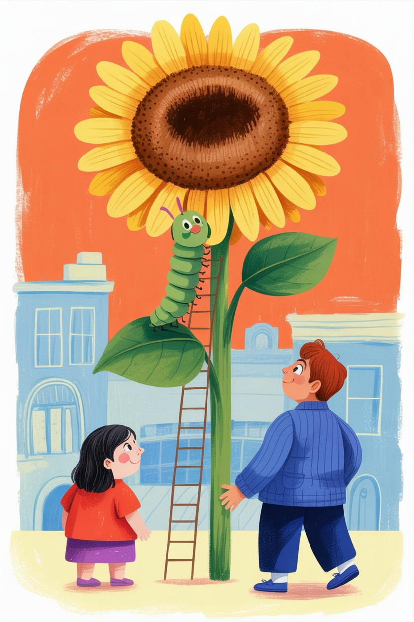 Children's book illustration of a caterpillar climbing a sunflower
