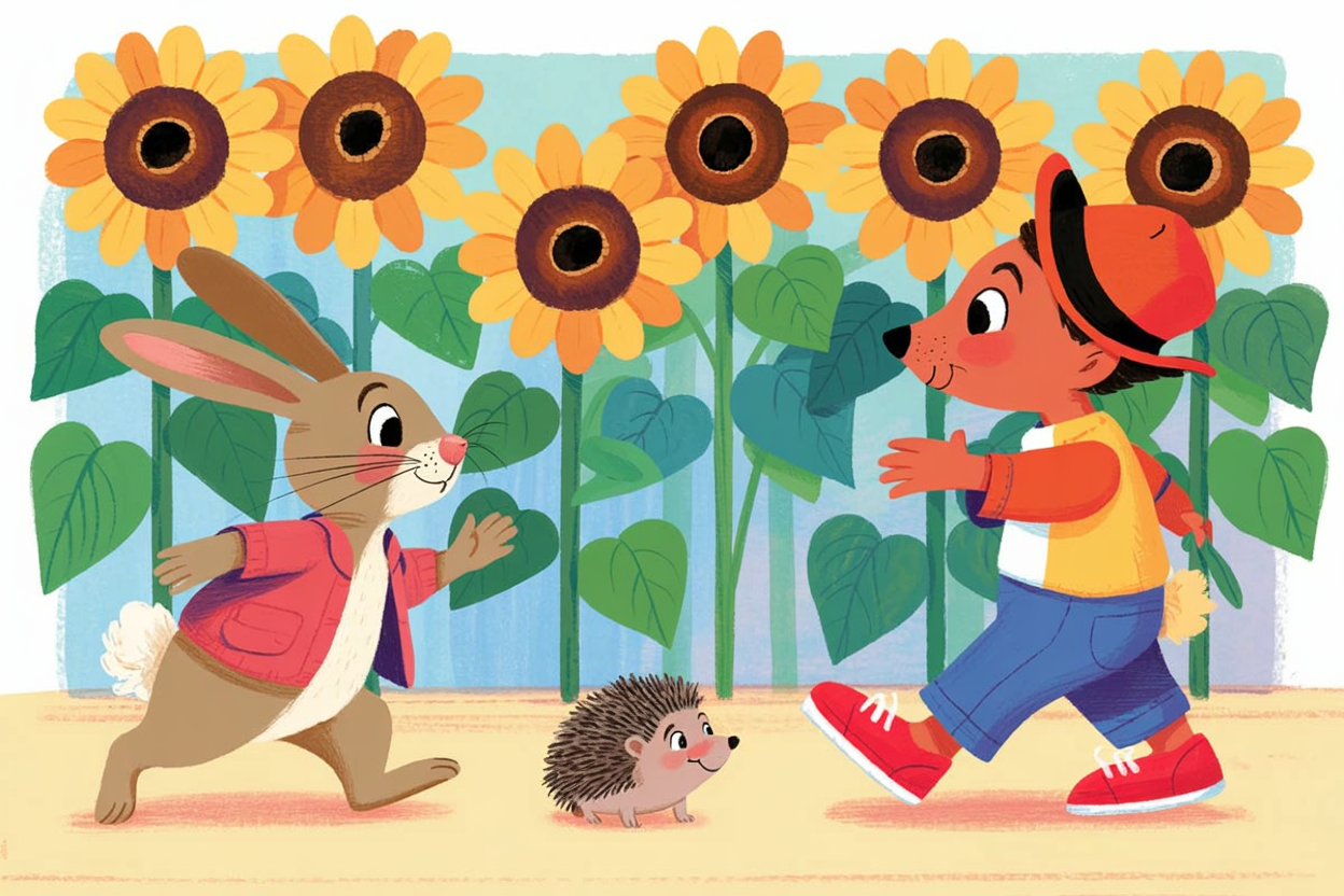 Children's book illustration of animals in a sunflower maze