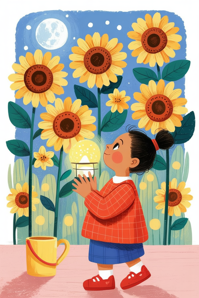 Children's book illustration of glowing sunflowers at night