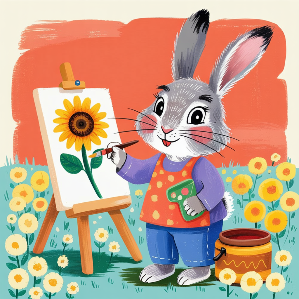 Children's book illustration of a rabbit painting a sunflower