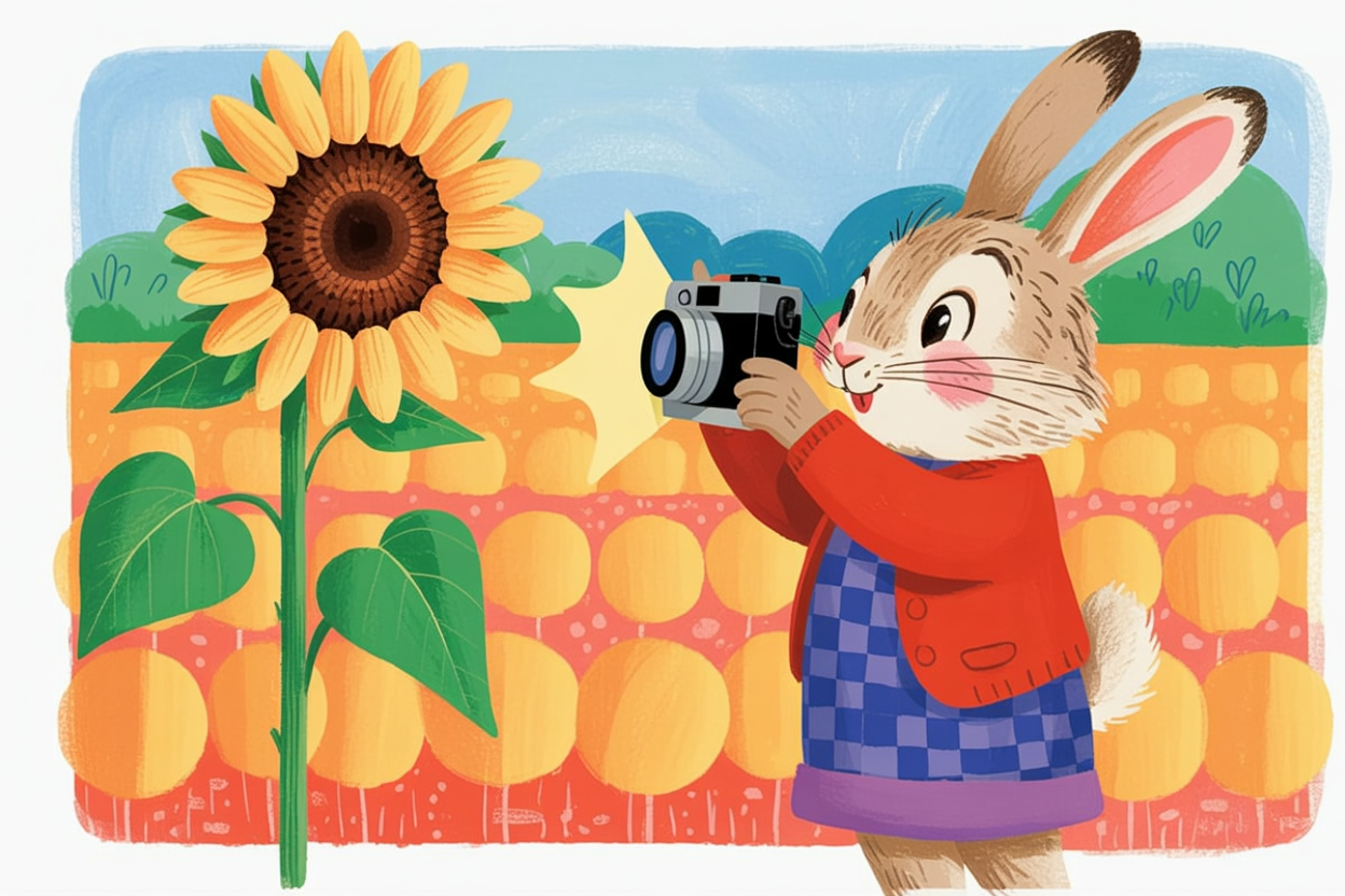 Children's book illustration of a rabbit photographing a sunflower