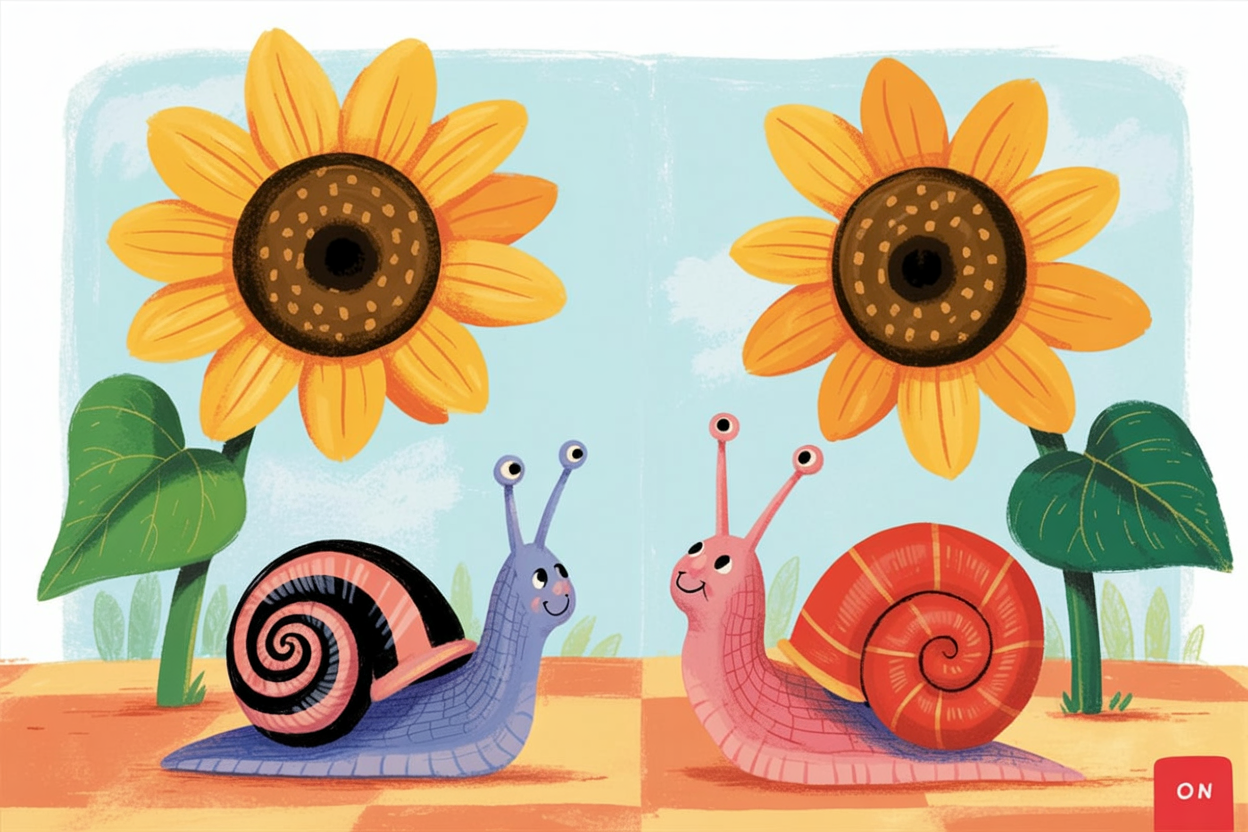 Children's book illustration of snails racing up sunflowers