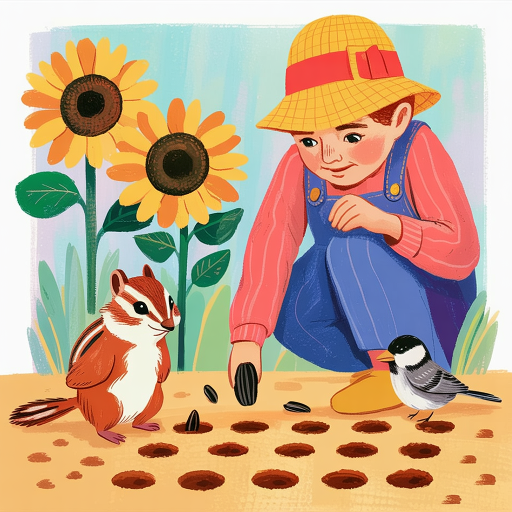 Children's book illustration of animals planting sunflower seeds