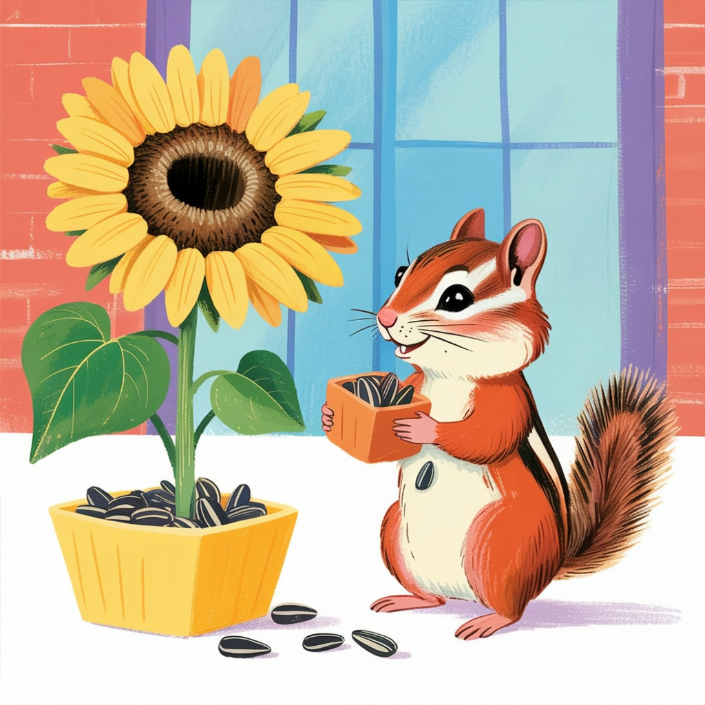 Children's book illustration of a chipmunk collecting sunflower seeds