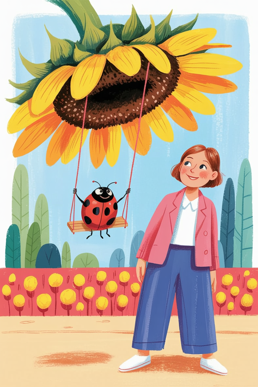 Children's book illustration of a ladybird on a sunflower swing
